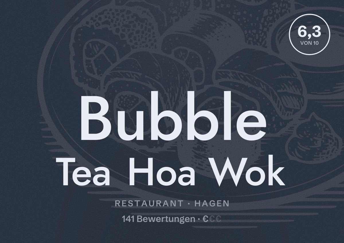 Illustriertes Poster von Bubble Tea Hoa Wok, Restaurant in Hagen: Bewertung 6,3 von 10 aus 141 Bewertungen, Preisniveau €