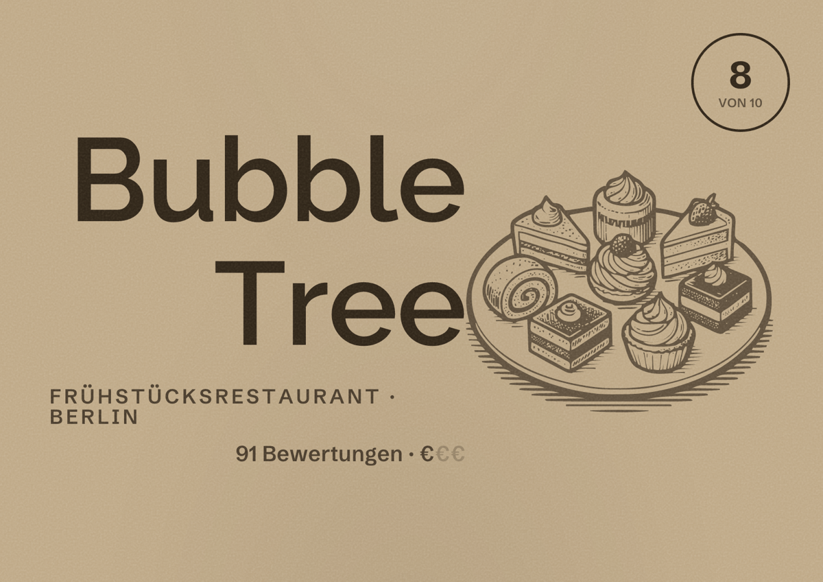 Illustriertes Poster von Bubble Tree, Frühstücksrestaurant in Berlin: Bewertung 8,0 von 10 aus 91 Bewertungen, Preisniveau €