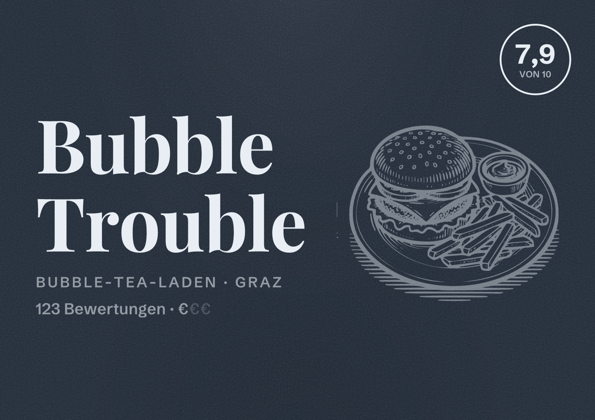 Illustriertes Poster von Bubble Trouble, Bubble-Tea-Laden in Graz: Bewertung 7,9 von 10 aus 123 Bewertungen, Preisniveau €