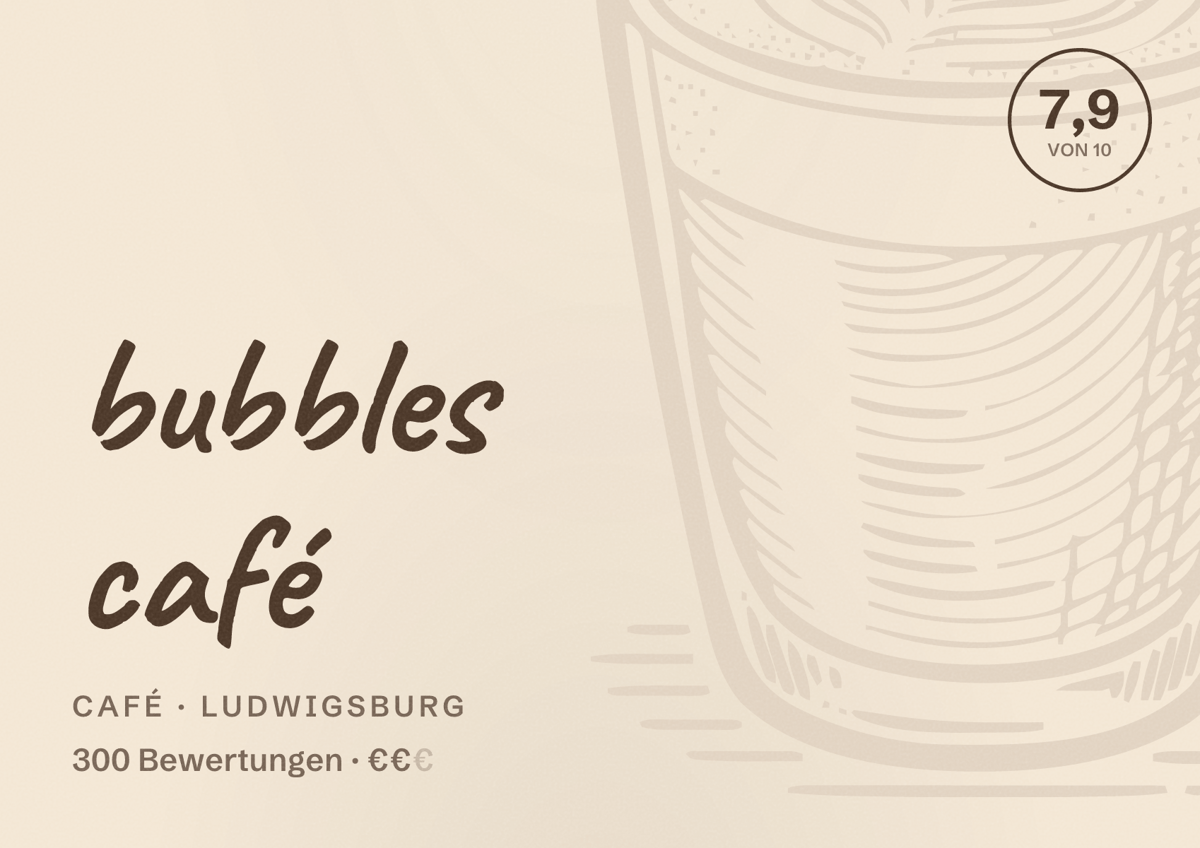 Illustriertes Poster von bubbles café, Café in Ludwigsburg: Bewertung 7,9 von 10 aus 300 Bewertungen, Preisniveau €€