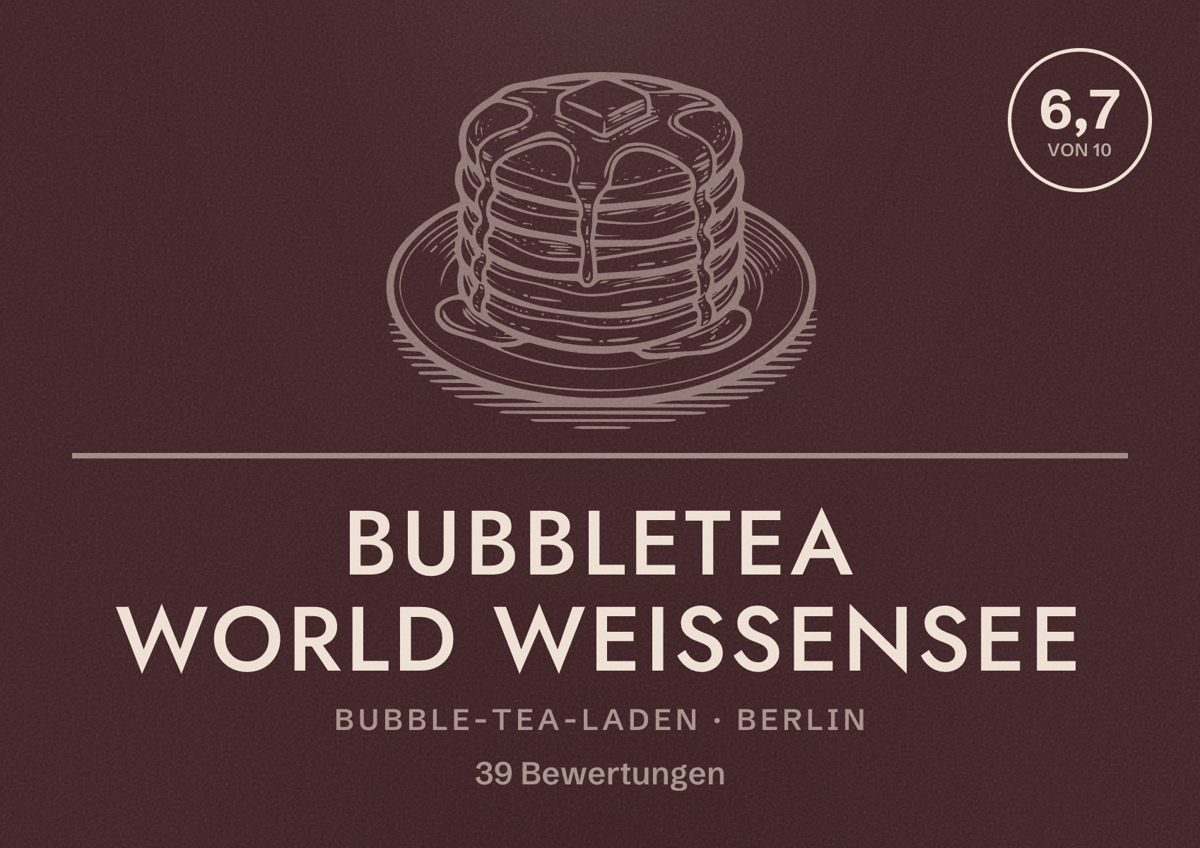 Illustriertes Poster von Bubbletea World Weißensee, Bubble-Tea-Laden in Berlin: Bewertung 6,7 von 10 aus 39 Bewertungen