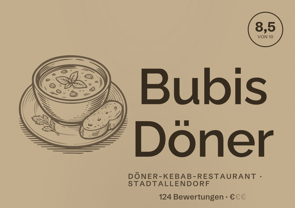 Illustriertes Poster von Bubis Döner, Döner-Kebab-Restaurant in Stadtallendorf: Bewertung 8,5 von 10 aus 124 Bewertungen, Preisniveau €