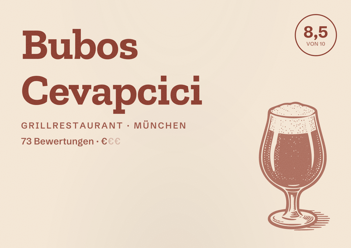 Illustriertes Poster von Bubos Cevapcici, Grillrestaurant in München: Bewertung 8,5 von 10 aus 73 Bewertungen, Preisniveau €
