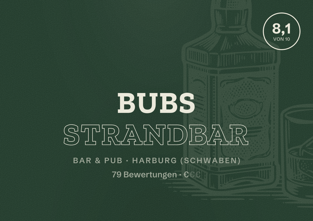 Illustriertes Poster von BUBS Strandbar, Bar & Pub in Harburg (Schwaben): Bewertung 8,1 von 10 aus 79 Bewertungen, Preisniveau €