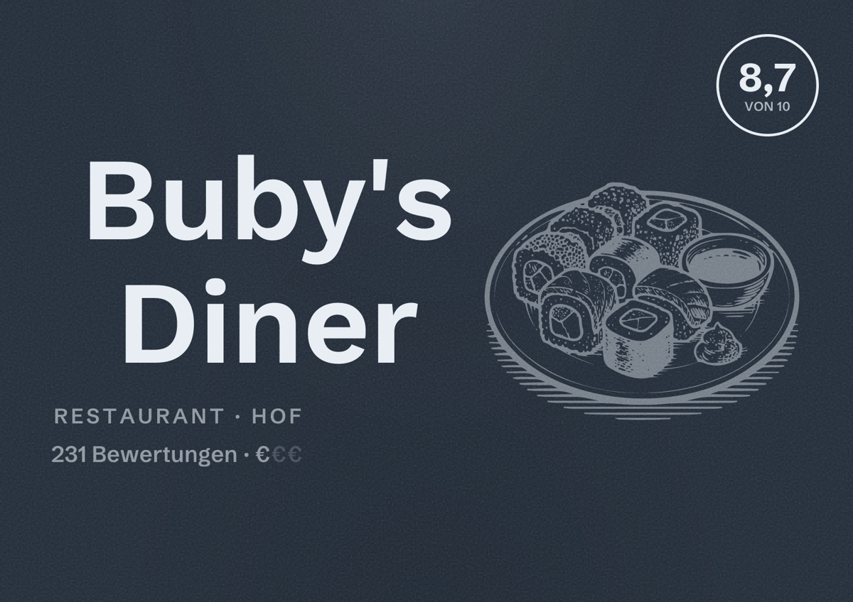 Illustriertes Poster von Buby's Diner, Restaurant in Hof: Bewertung 8,7 von 10 aus 231 Bewertungen, Preisniveau €