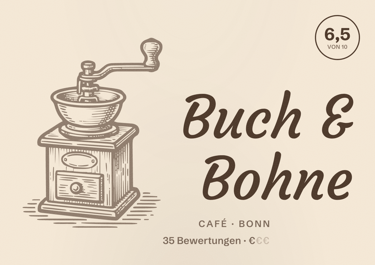 Illustriertes Poster von Buch & Bohne, Café in Bonn: Bewertung 6,5 von 10 aus 35 Bewertungen, Preisniveau €