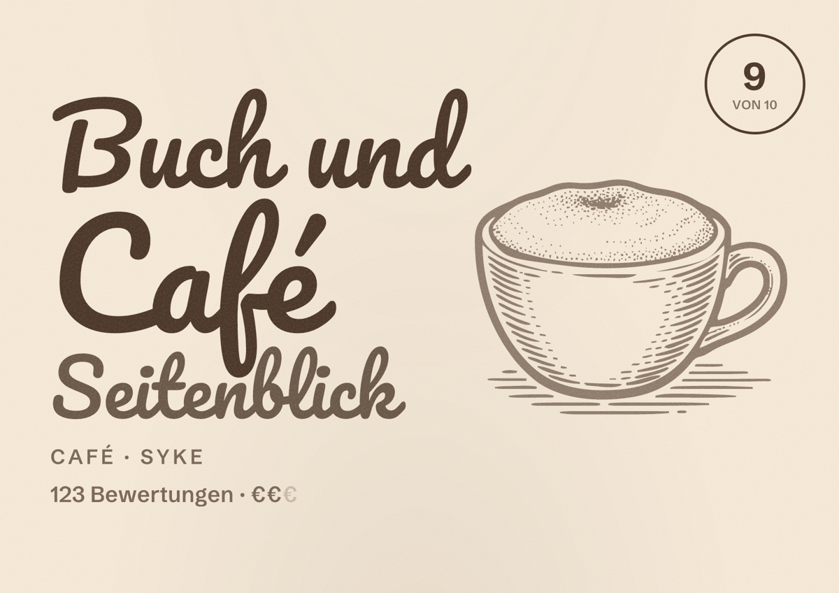 Illustriertes Poster von Buch und Café Seitenblick, Café in Syke: Bewertung 9 von 10 aus 123 Bewertungen, Preisniveau €€