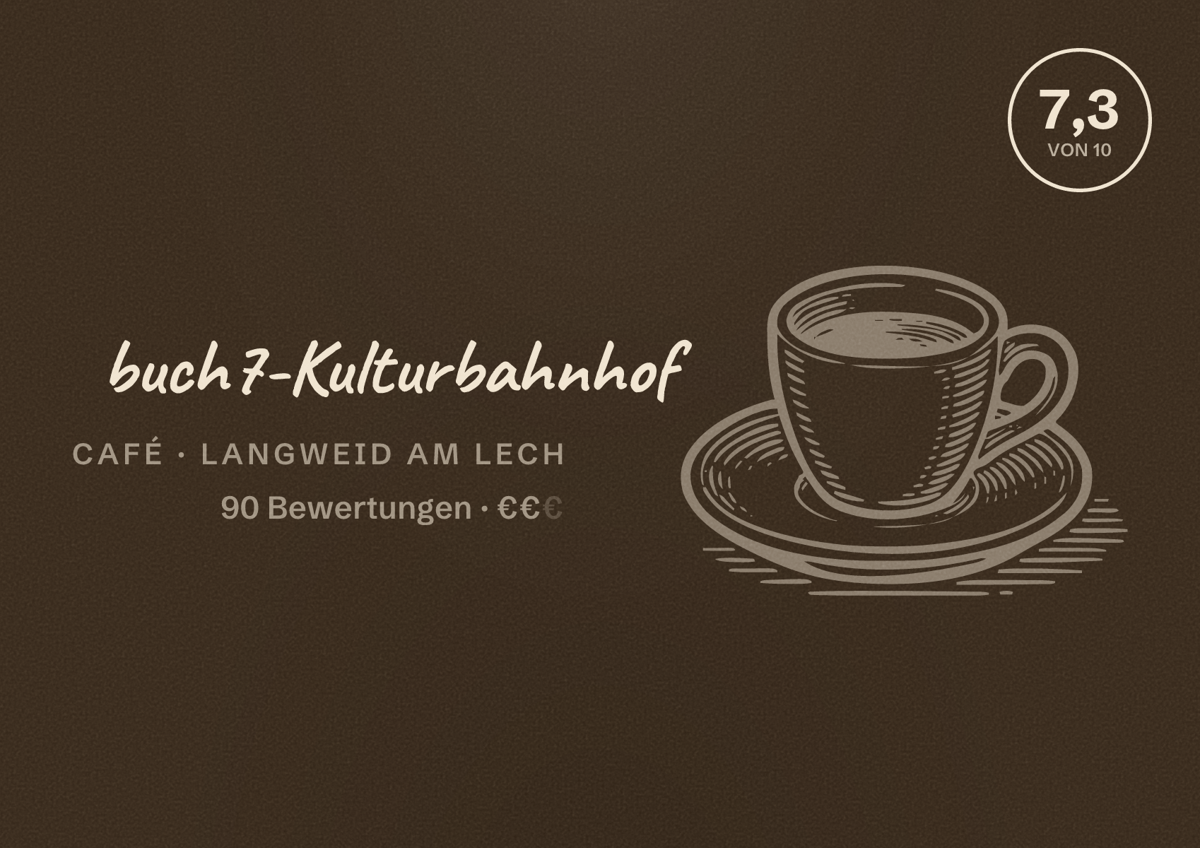 Illustriertes Poster von buch7-Kulturbahnhof, Café in Langweid am Lech: Bewertung 7,3 von 10 aus 90 Bewertungen, Preisniveau €€