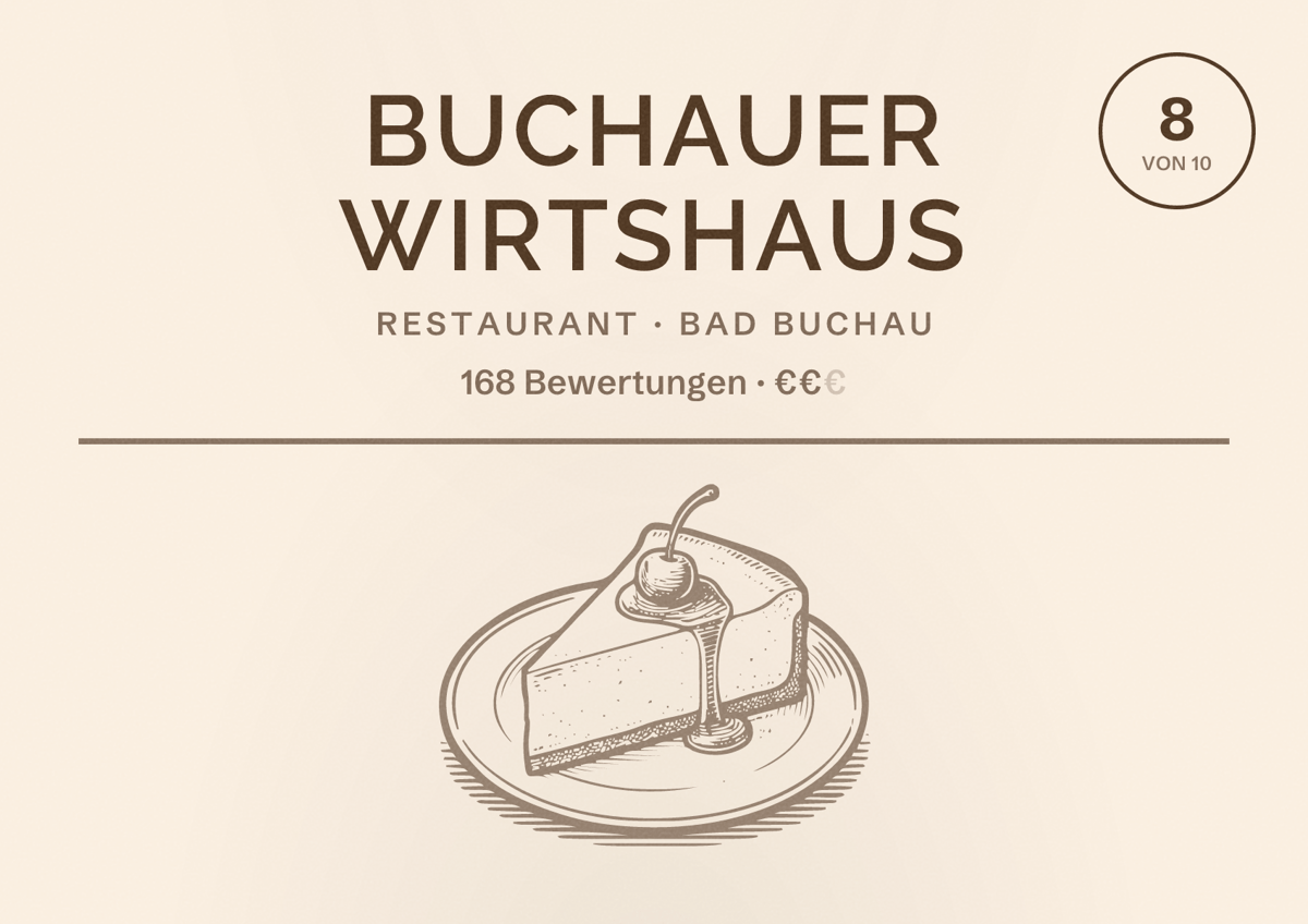 Illustriertes Poster von Buchauer Wirtshaus, Restaurant in Bad Buchau: Bewertung 8 von 10 aus 168 Bewertungen, Preisniveau €€