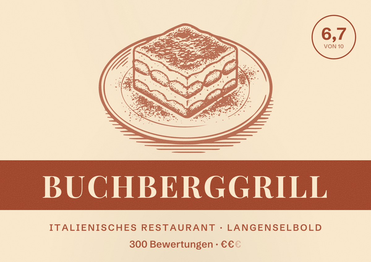 Illustriertes Poster von Buchberggrill, Italienisches Restaurant in Langenselbold: Bewertung 6,7 von 10 aus 300 Bewertungen, Preisniveau €€