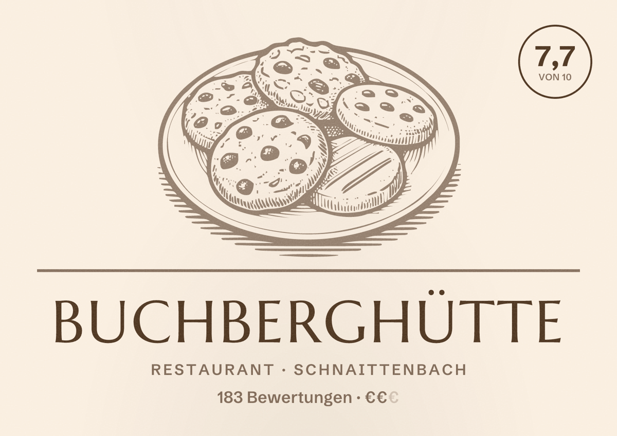 Illustriertes Poster von Buchberghütte, Restaurant in Schnaittenbach: Bewertung 7,7 von 10 aus 183 Bewertungen, Preisniveau €€
