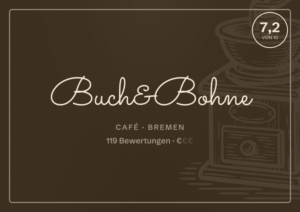 Illustriertes Poster von Buch&Bohne, Café in Bremen: Bewertung 7,2 von 10 aus 119 Bewertungen, Preisniveau €