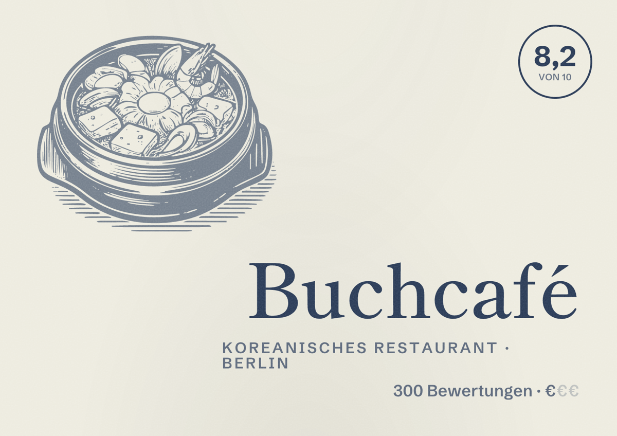 Illustriertes Poster von Buchcafé, Koreanisches Restaurant in Berlin: Bewertung 8,2 von 10 aus 300 Bewertungen, Preisniveau €