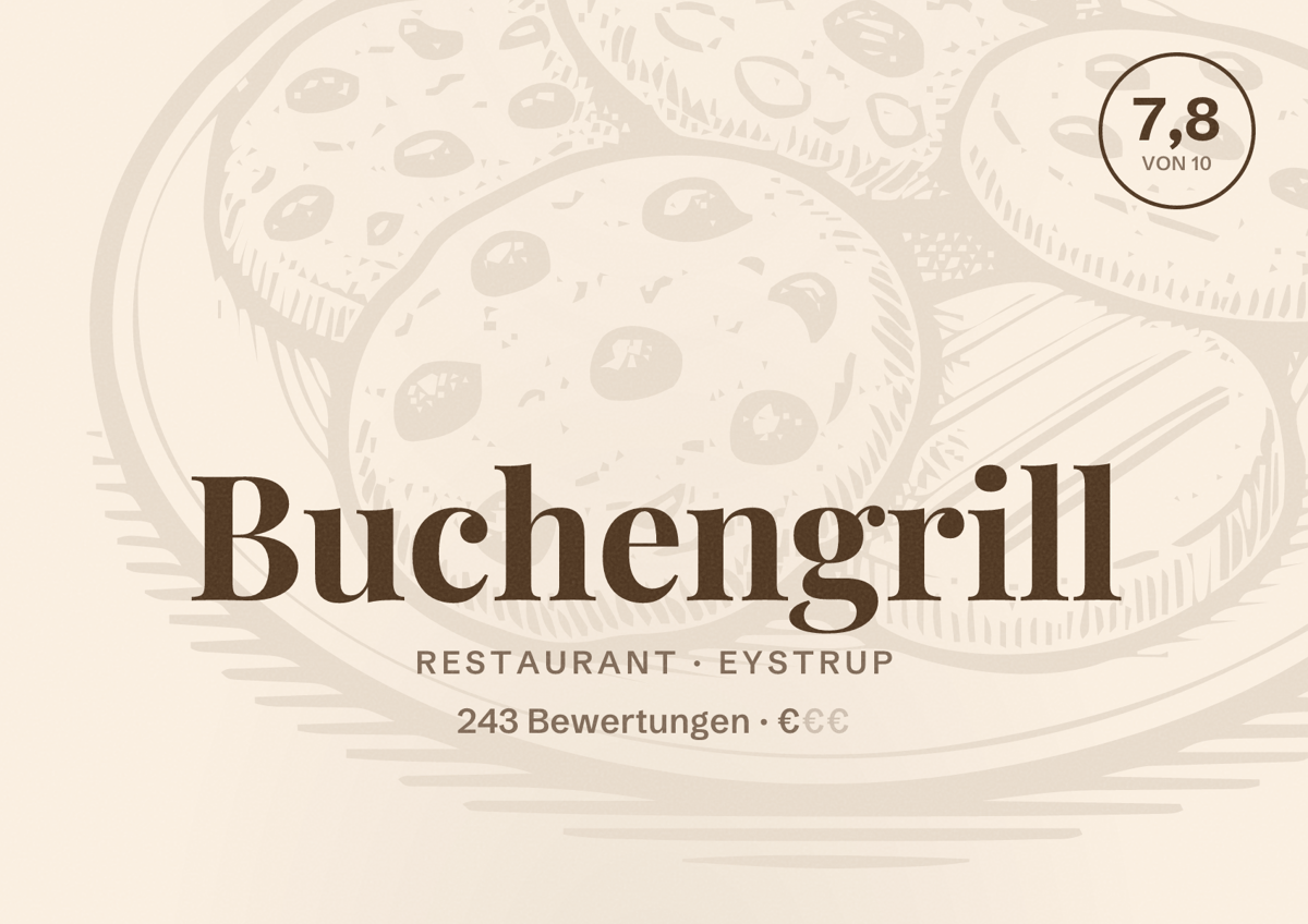 Illustriertes Poster von Buchengrill, Restaurant in Eystrup: Bewertung 7,8 von 10 aus 243 Bewertungen, Preisniveau €