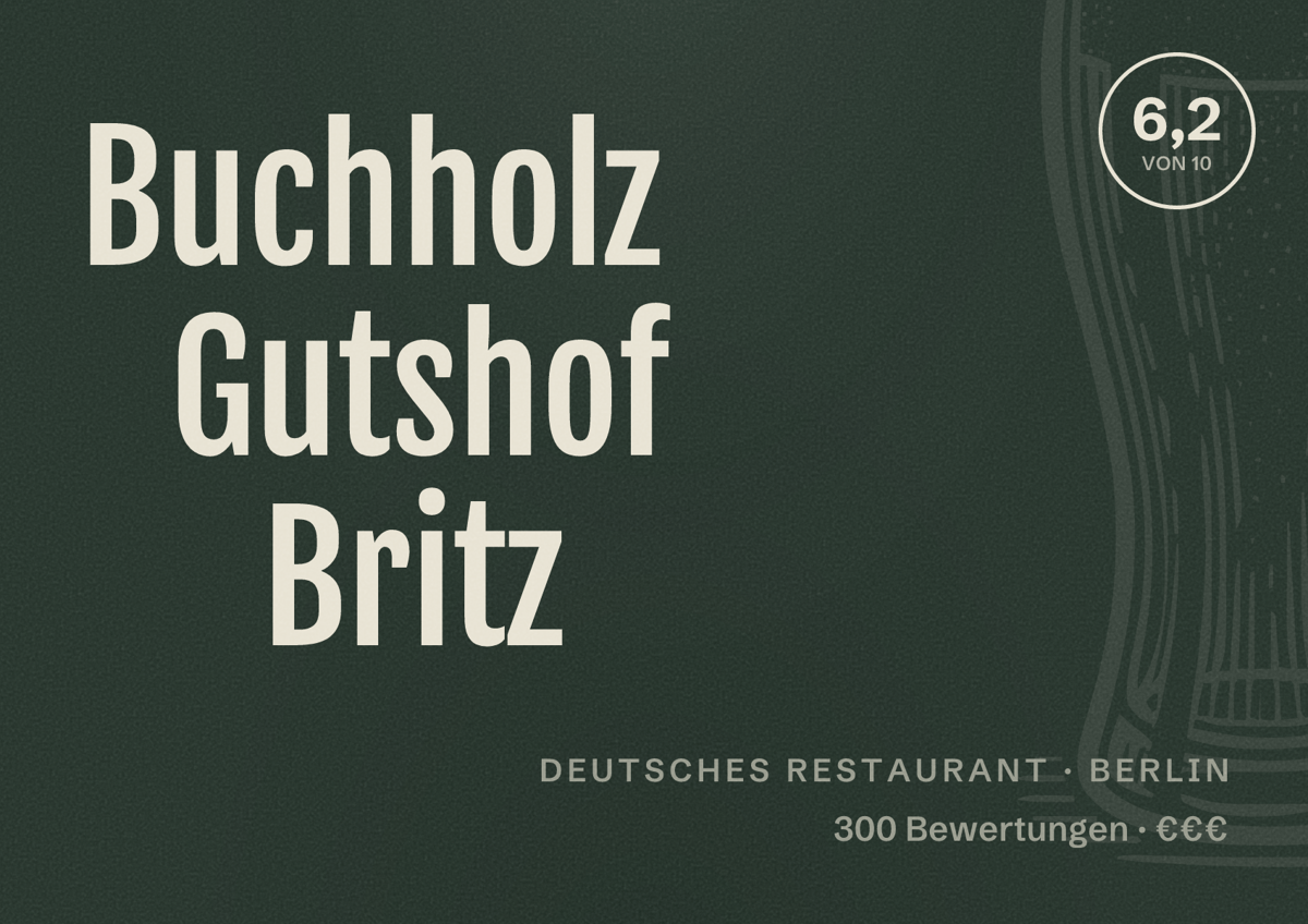 Illustriertes Poster von Buchholz Gutshof Britz, Deutsches Restaurant in Berlin: Bewertung 6,2 von 10 aus 300 Bewertungen, Preisniveau €€€