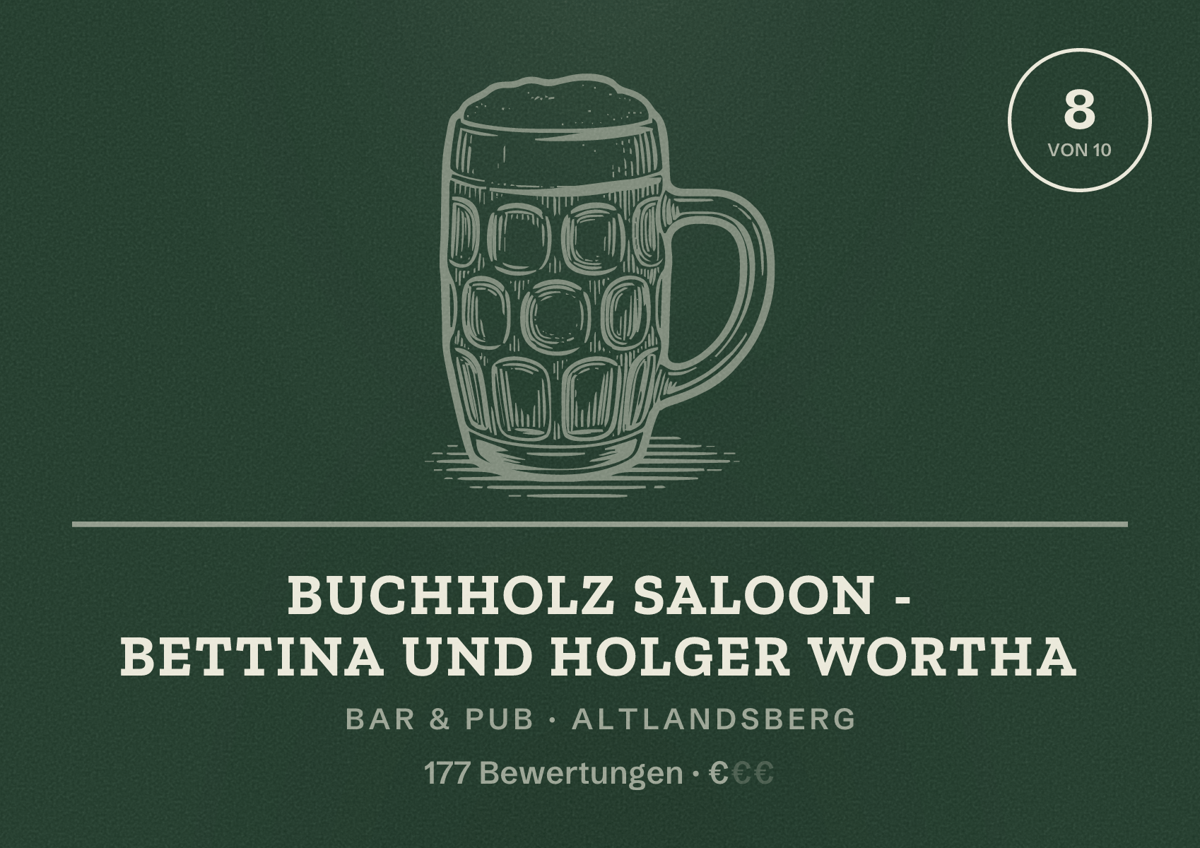 Illustriertes Poster von Buchholz Saloon - Bettina und Holger Wortha, Bar & Pub in Altlandsberg: Bewertung 8 von 10 aus 177 Bewertungen, Preisniveau €