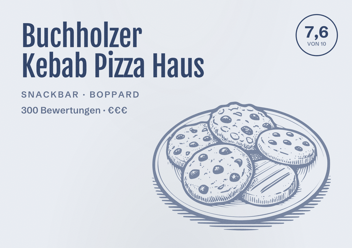 Illustriertes Poster von Buchholzer Kebab Pizza Haus, Snackbar in Boppard: Bewertung 7,6 von 10 aus 300 Bewertungen, Preisniveau €€€