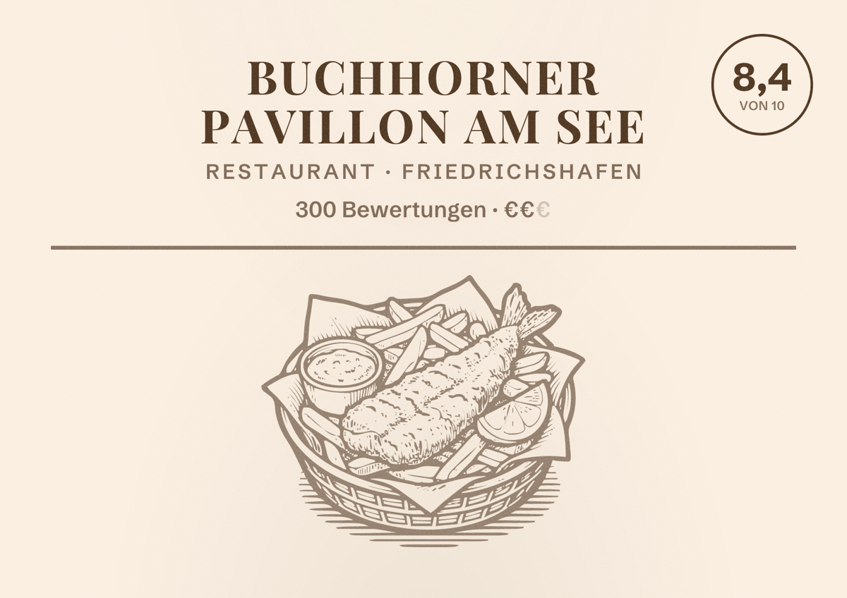 Illustriertes Poster von Buchhorner Pavillon am See, Restaurant in Friedrichshafen: Bewertung 8,4 von 10 aus 300 Bewertungen, Preisniveau €€