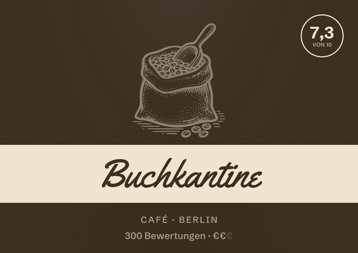 Illustriertes Poster von Buchkantine, Café in Berlin: Bewertung 7,3 von 10 aus 300 Bewertungen, Preisniveau €€