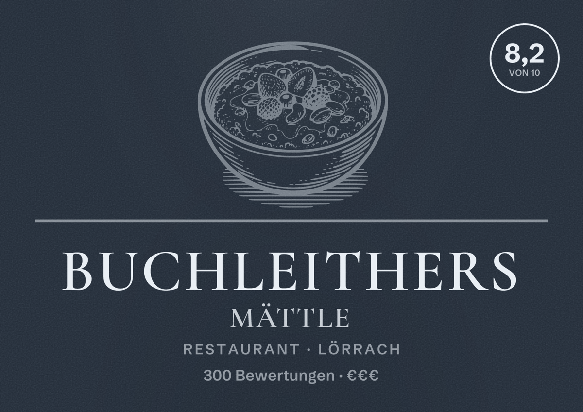 Illustriertes Poster von Buchleithers Mättle, Restaurant in Lörrach: Bewertung 8,2 von 10 aus 300 Bewertungen, Preisniveau €€€