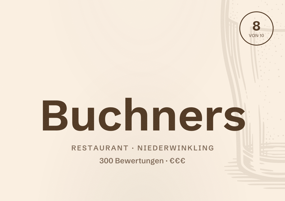 Illustriertes Poster von Buchners, Restaurant in Niederwinkling: Bewertung 8 von 10 aus 300 Bewertungen, Preisniveau €€€