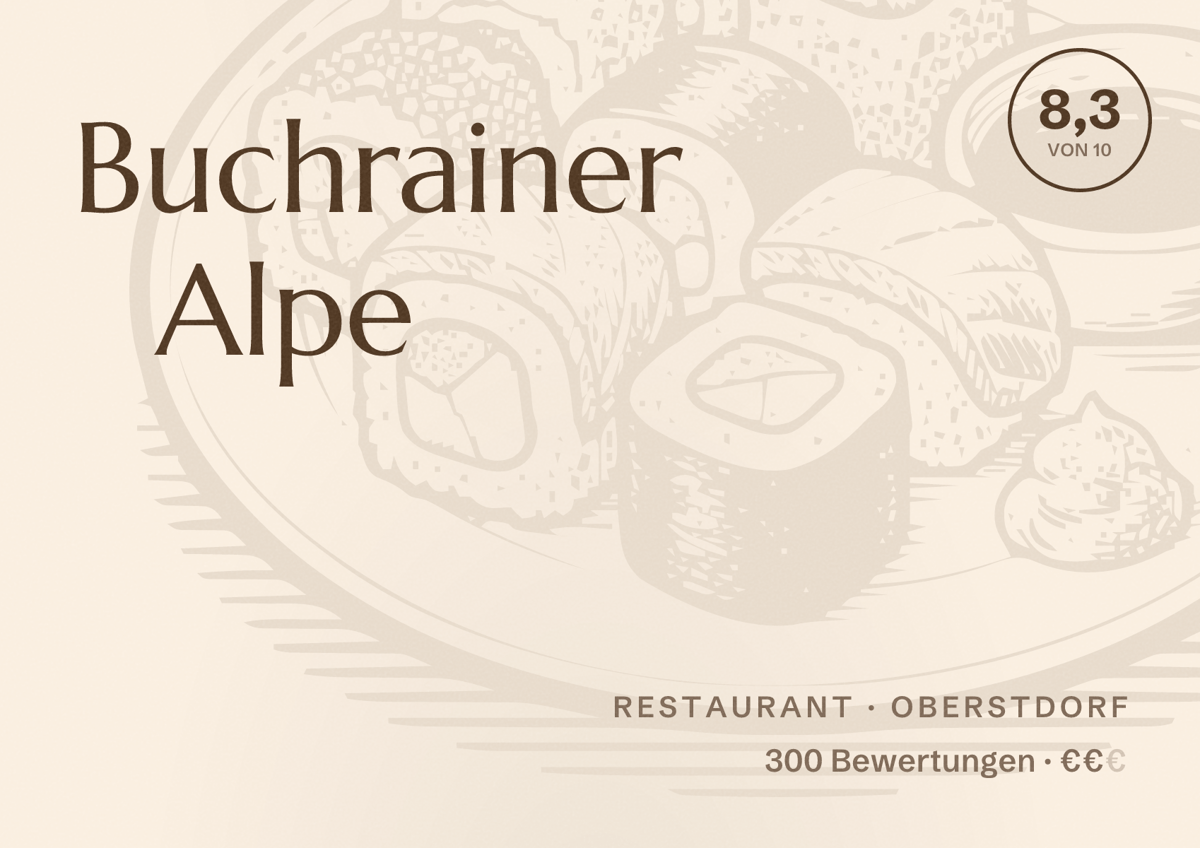 Illustriertes Poster von Buchrainer Alpe, Restaurant in Oberstdorf: Bewertung 8,3 von 10 aus 300 Bewertungen, Preisniveau €€