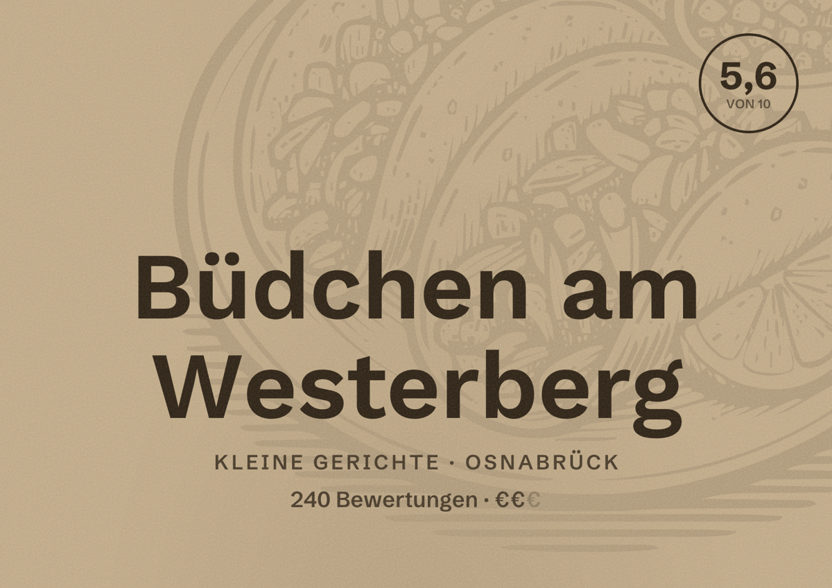 Illustriertes Poster von Büdchen am Westerberg, Kleine Gerichte in Osnabrück: Bewertung 5,6 von 10 aus 240 Bewertungen, Preisniveau €€