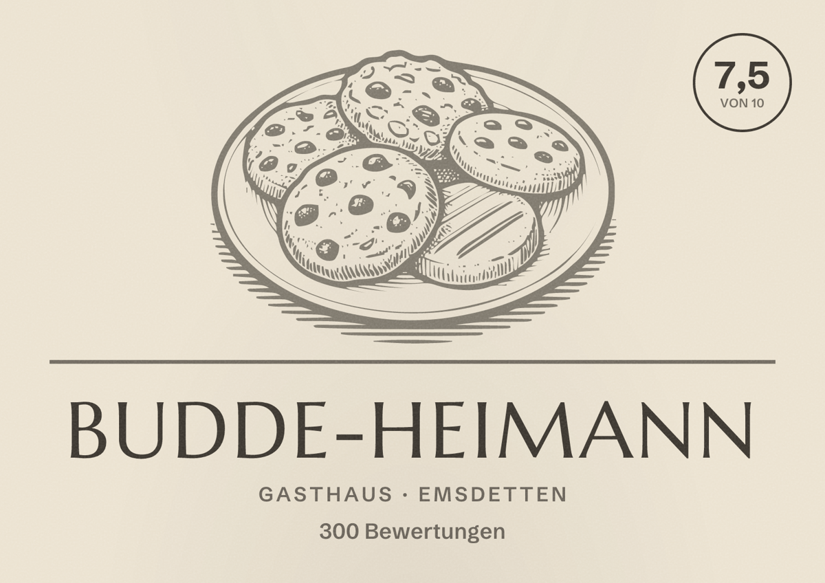 Illustriertes Poster von Budde-Heimann, Gasthaus in Emsdetten: Bewertung 7,5 von 10 aus 300 Bewertungen