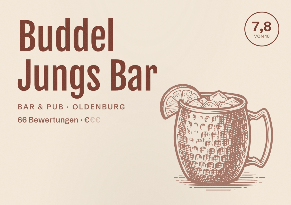 Illustriertes Poster von Buddel Jungs Bar, Bar & Pub in Oldenburg: Bewertung 7,8 von 10 aus 66 Bewertungen, Preisniveau €