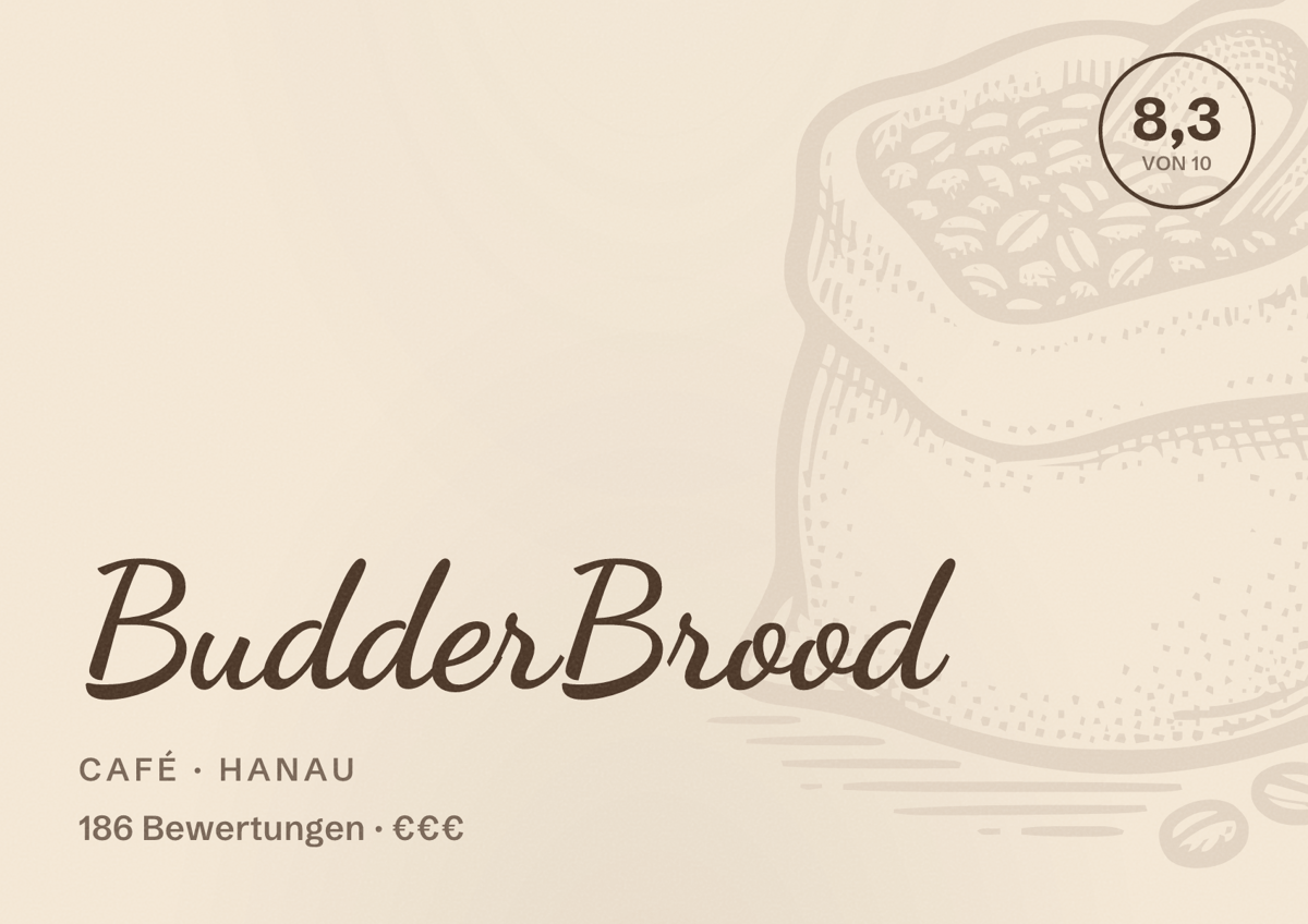 Illustriertes Poster von BudderBrood, Café in Hanau: Bewertung 8,3 von 10 aus 186 Bewertungen, Preisniveau €€€