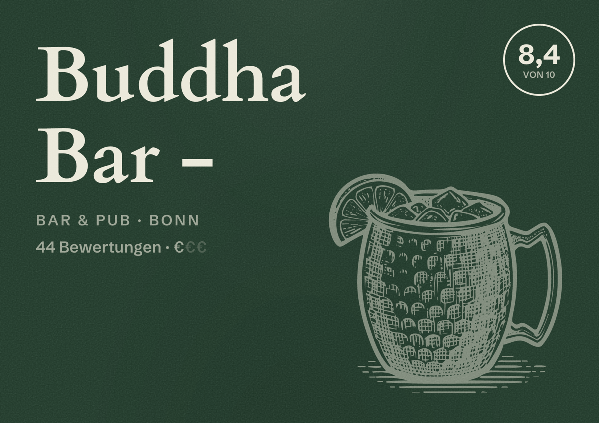 Illustriertes Poster von Buddha Bar -, Bar & Pub in Bonn: Bewertung 8,4 von 10 aus 44 Bewertungen, Preisniveau €