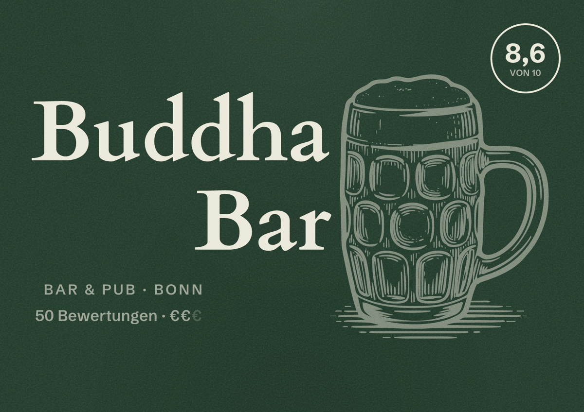 Illustriertes Poster von Buddha Bar, Bar & Pub in Bonn: Bewertung 8,6 von 10 aus 50 Bewertungen, Preisniveau €€