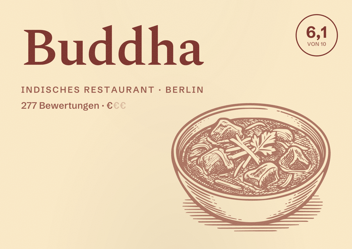 Illustriertes Poster von Buddha, Indisches Restaurant in Berlin: Bewertung 6,1 von 10 aus 277 Bewertungen, Preisniveau €