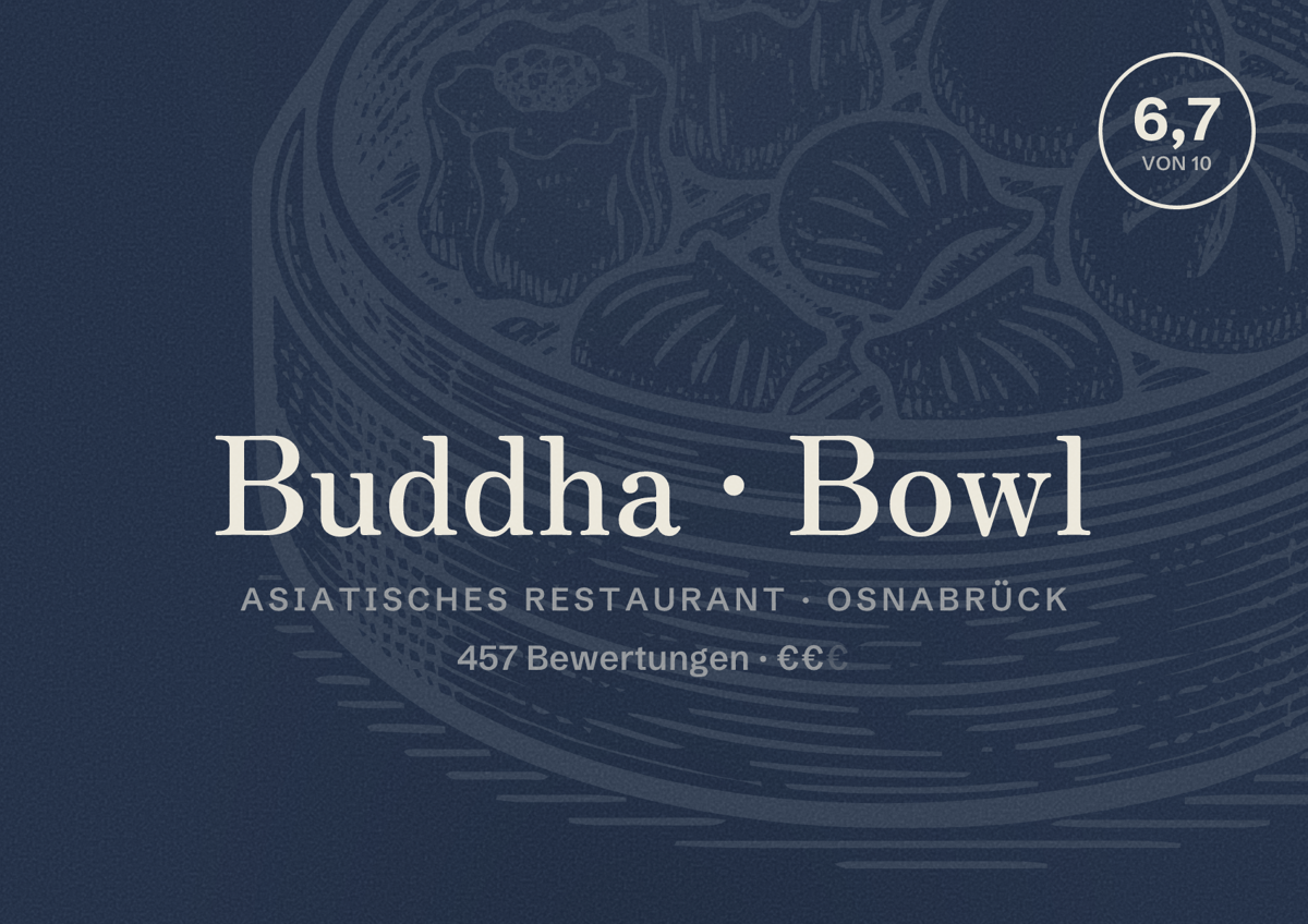 Illustriertes Poster von Buddha Bowl, Asiatisches Restaurant in Osnabrück: Bewertung 6,7 von 10 aus 457 Bewertungen, Preisniveau €€