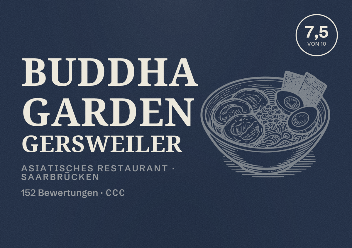 Illustriertes Poster von Buddha Garden Gersweiler, Asiatisches Restaurant in Saarbrücken: Bewertung 7,5 von 10 aus 152 Bewertungen, Preisniveau €€€