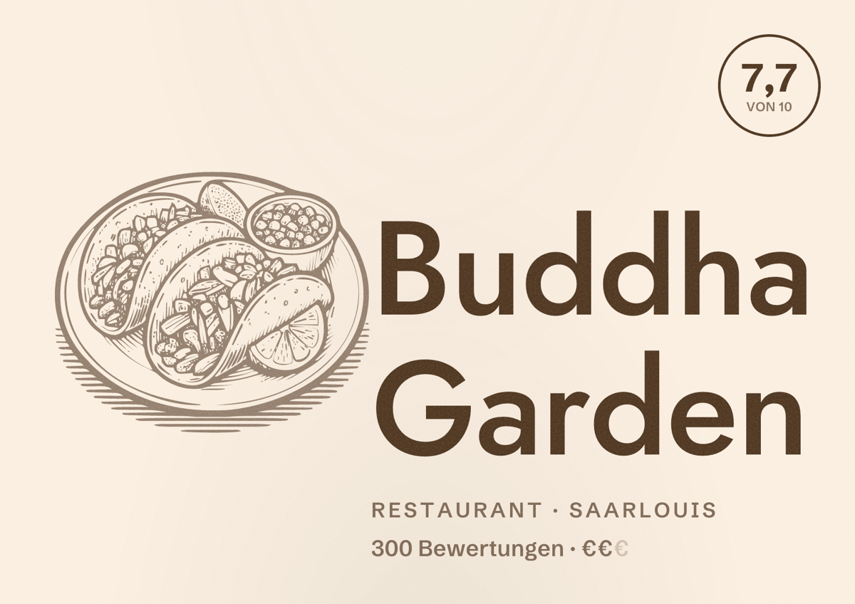 Illustriertes Poster von Buddha Garden, Restaurant in Saarlouis: Bewertung 7,7 von 10 aus 300 Bewertungen, Preisniveau €€