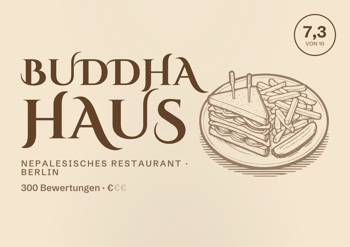 Illustriertes Poster von Buddha Haus, Nepalesisches Restaurant in Berlin: Bewertung 7,3 von 10 aus 300 Bewertungen, Preisniveau €
