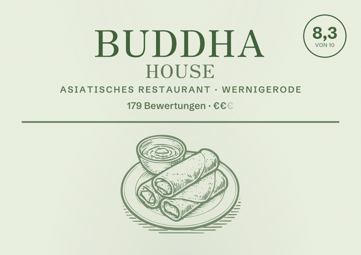 Illustriertes Poster von Buddha House, Asiatisches Restaurant in Wernigerode: Bewertung 8,3 von 10 aus 179 Bewertungen, Preisniveau €€