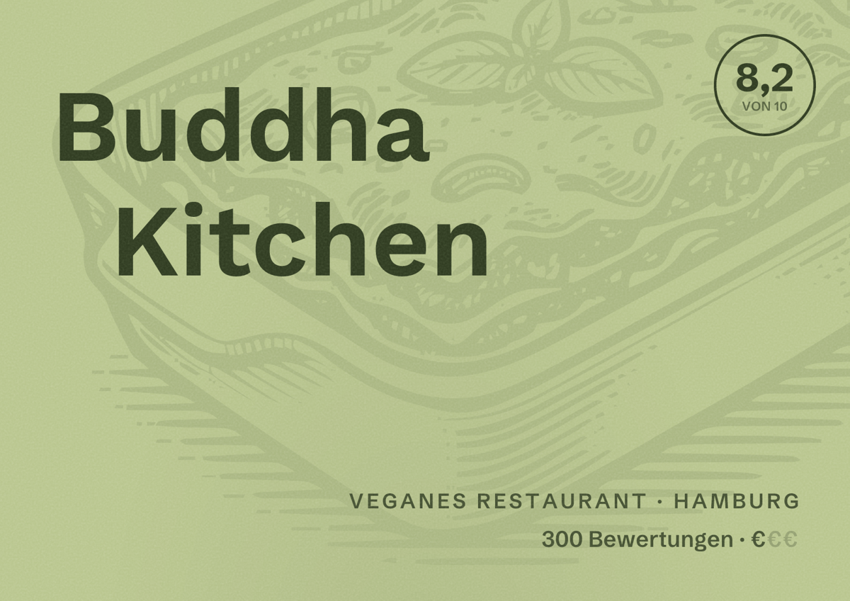 Illustriertes Poster von Buddha Kitchen, Veganes Restaurant in Hamburg: Bewertung 8,2 von 10 aus 300 Bewertungen, Preisniveau €