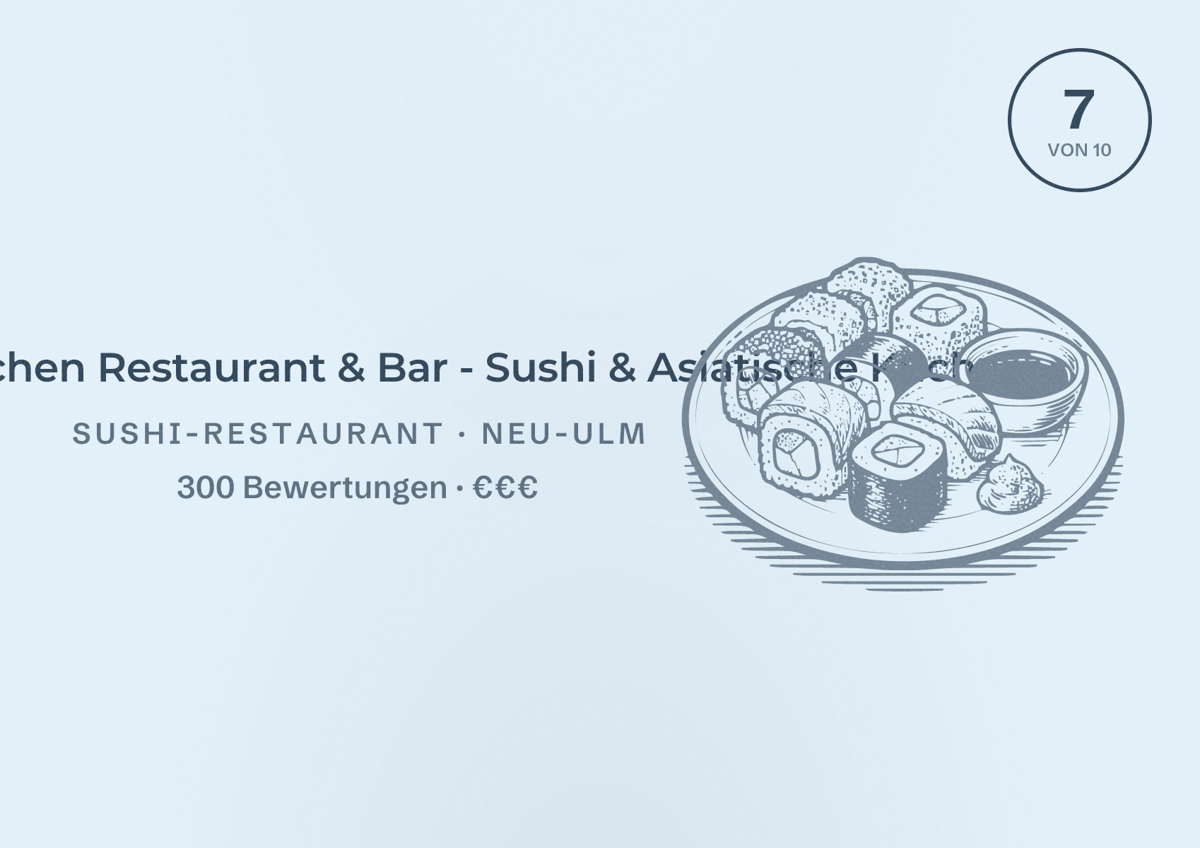 Illustriertes Poster von Buddha Kitchen Restaurant & Bar - Sushi & Asiatische Küche, Sushi-Restaurant in Neu-Ulm: Bewertung 7 von 10 aus 300 Bewertungen, Preisniveau €€€