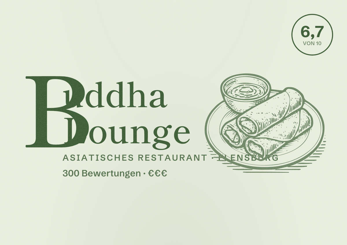 Illustriertes Poster von Buddha Lounge, Asiatisches Restaurant in Flensburg: Bewertung 6,7 von 10 aus 300 Bewertungen, Preisniveau €€€