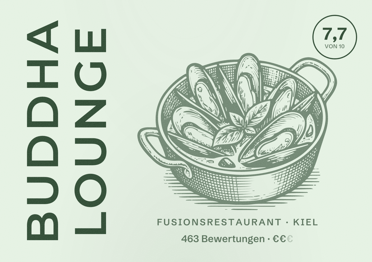 Illustriertes Poster von Buddha Lounge, Fusionsrestaurant in Kiel: Bewertung 7,7 von 10 aus 463 Bewertungen, Preisniveau €€