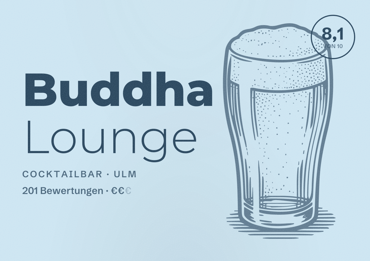 Illustriertes Poster von Buddha Lounge, Cocktailbar in Ulm: Bewertung 8,1 von 10 aus 201 Bewertungen, Preisniveau €€