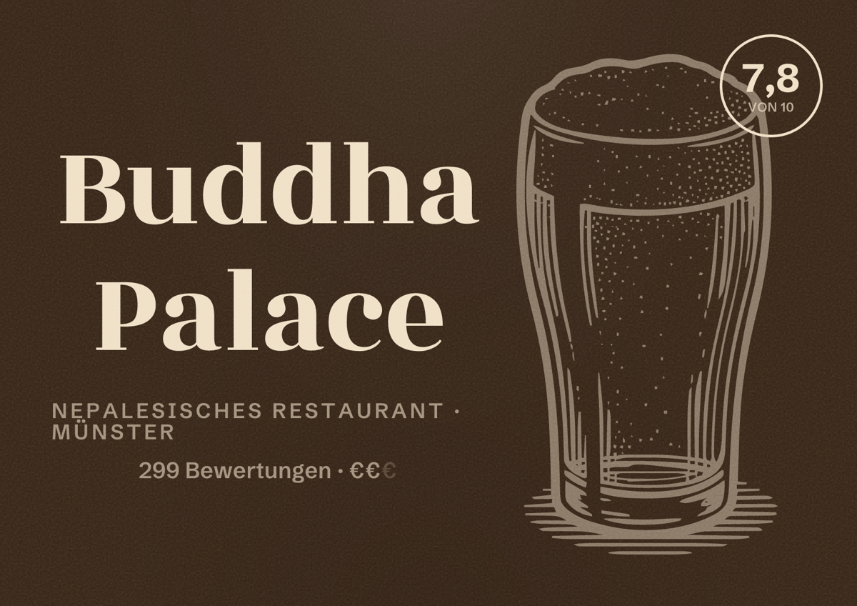 Illustriertes Poster von Buddha Palace, Nepalesisches Restaurant in Münster: Bewertung 7,8 von 10 aus 299 Bewertungen, Preisniveau €€