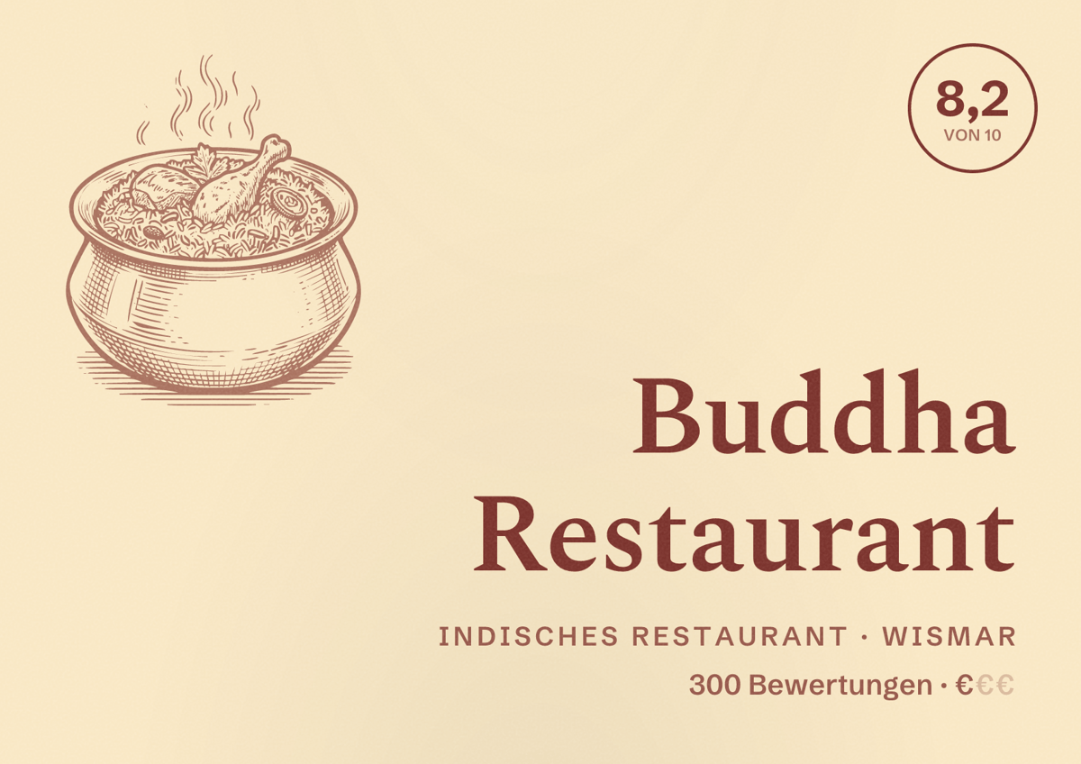 Illustriertes Poster von Buddha Restaurant, Indisches Restaurant in Wismar: Bewertung 8,2 von 10 aus 300 Bewertungen, Preisniveau €