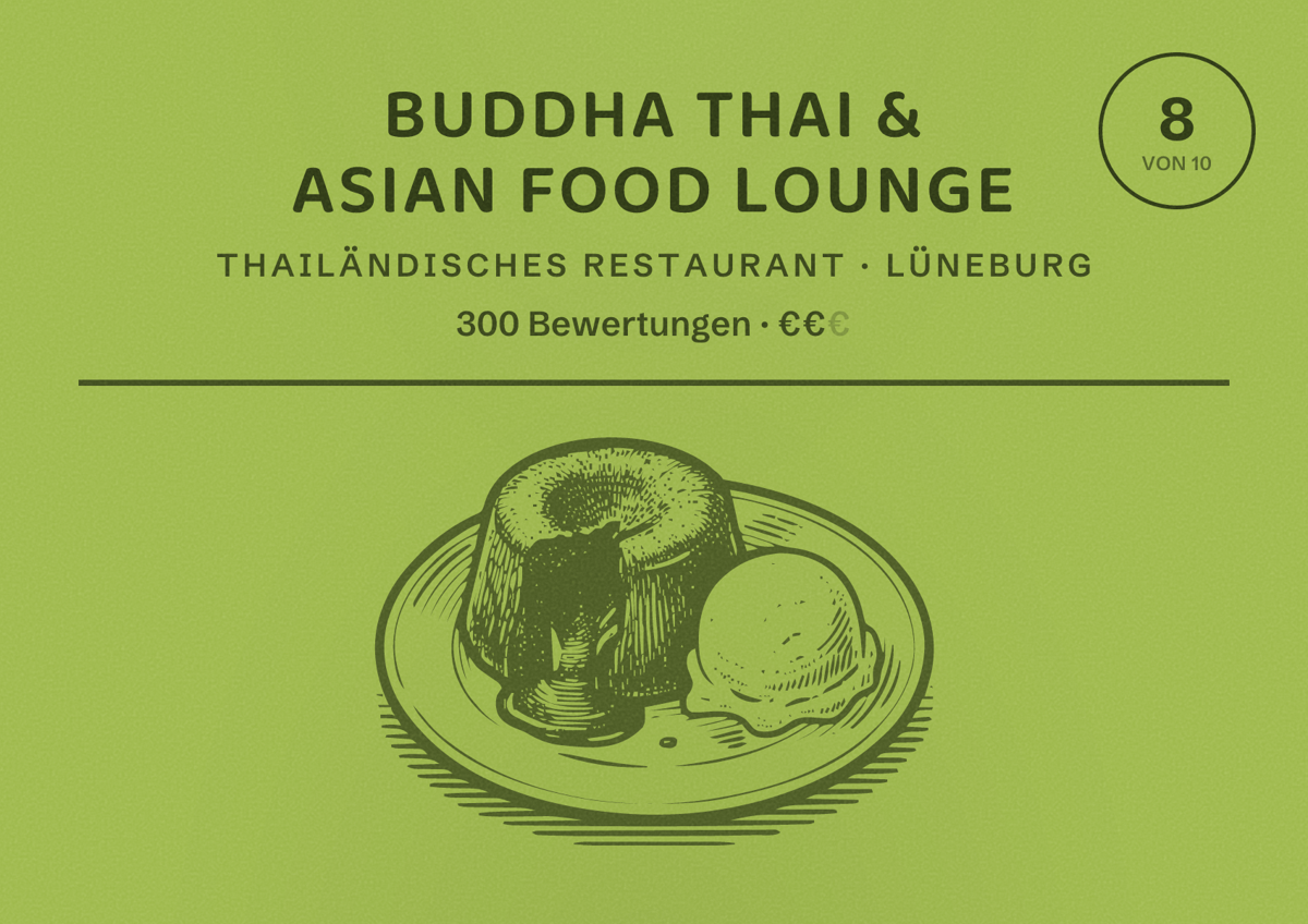 Illustriertes Poster von Buddha Thai & Asian Food Lounge, Thailändisches Restaurant in Lüneburg: Bewertung 8 von 10 aus 300 Bewertungen, Preisniveau €€