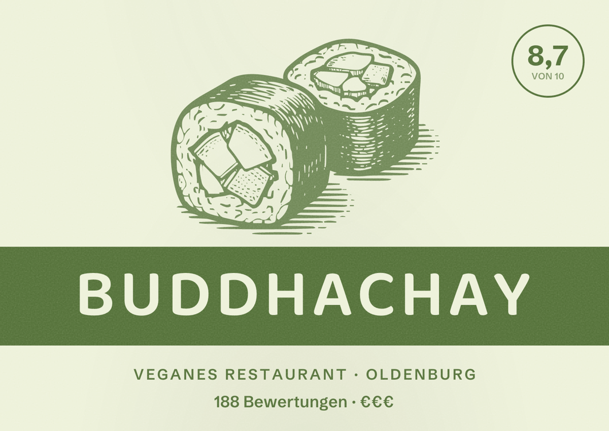 Illustriertes Poster von Buddhachay, Veganes Restaurant in Oldenburg: Bewertung 8,7 von 10 aus 188 Bewertungen, Preisniveau €€€
