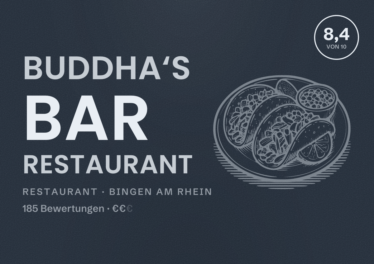 Illustriertes Poster von Buddha‘s Bar Restaurant, Restaurant in Bingen am Rhein: Bewertung 8,4 von 10 aus 185 Bewertungen, Preisniveau €€