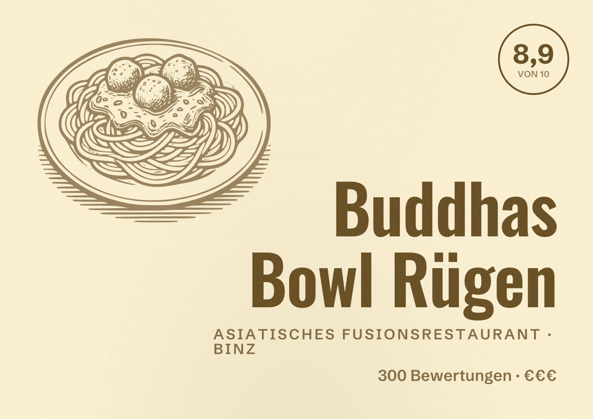 Illustriertes Poster von Buddhas Bowl Rügen, Asiatisches Fusionsrestaurant in Binz: Bewertung 8,9 von 10 aus 300 Bewertungen, Preisniveau €€€
