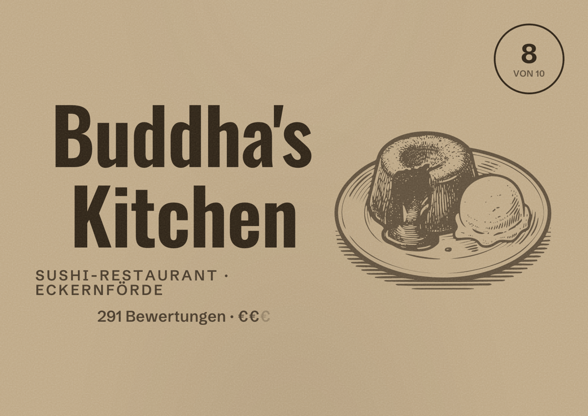 Illustriertes Poster von Buddha's Kitchen, Sushi-Restaurant in Eckernförde: Bewertung 8 von 10 aus 291 Bewertungen, Preisniveau €€